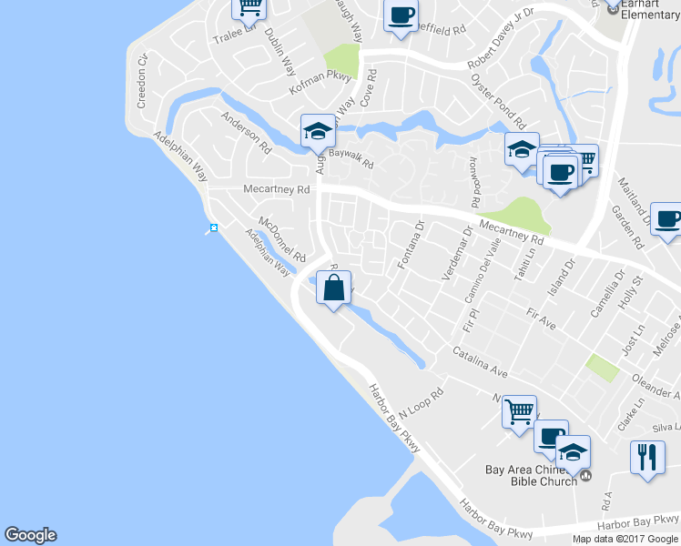 map of restaurants, bars, coffee shops, grocery stores, and more near 198 Orr Road in Alameda