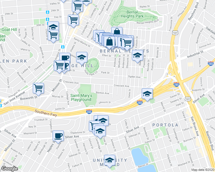 map of restaurants, bars, coffee shops, grocery stores, and more near 362 Richland Avenue in San Francisco