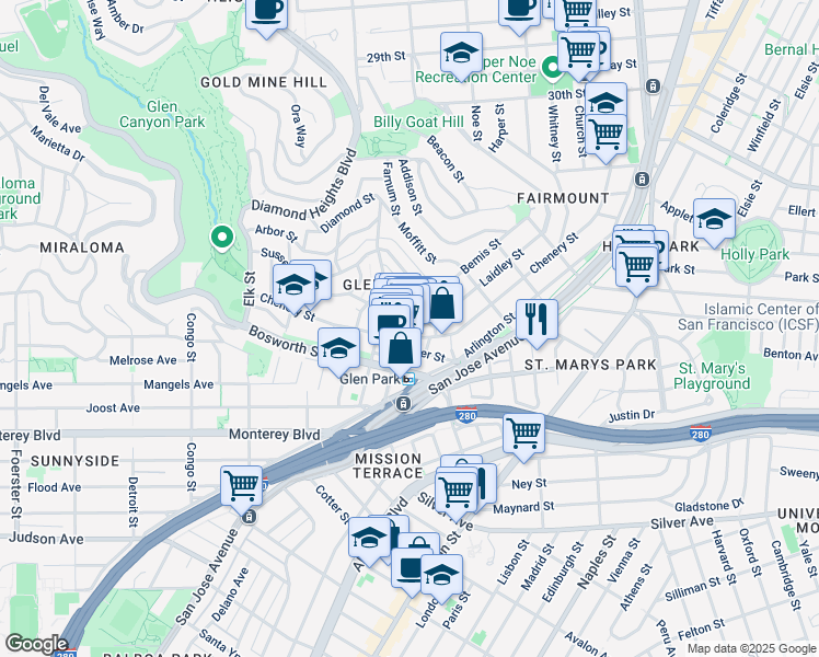 map of restaurants, bars, coffee shops, grocery stores, and more near 30 Surrey Street in San Francisco