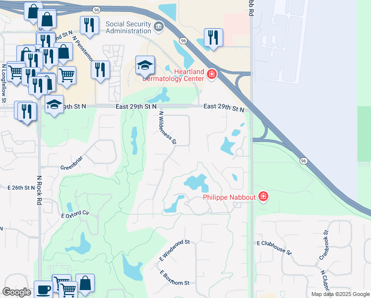 map of restaurants, bars, coffee shops, grocery stores, and more near 2903-2999 North Cypress Drive in Wichita