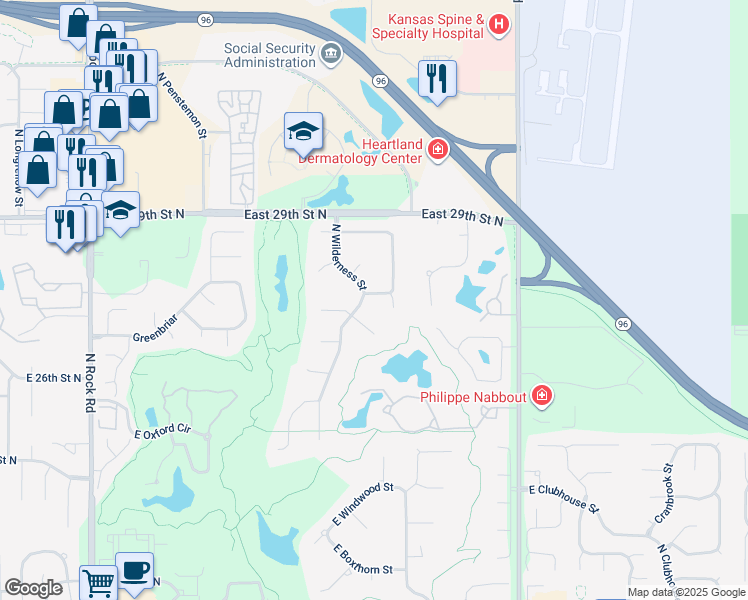 map of restaurants, bars, coffee shops, grocery stores, and more near 2854 N Wilderness St in Wichita
