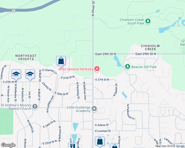 map of restaurants, bars, coffee shops, grocery stores, and more near 2875 North Oliver Street in Wichita