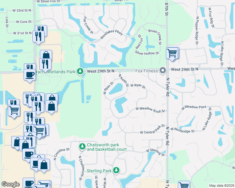 map of restaurants, bars, coffee shops, grocery stores, and more near 9422-9426 West Ryan Street in Wichita