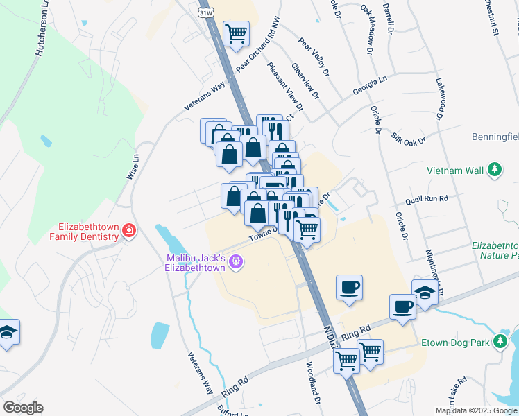 map of restaurants, bars, coffee shops, grocery stores, and more near 111 Towne Drive in Elizabethtown