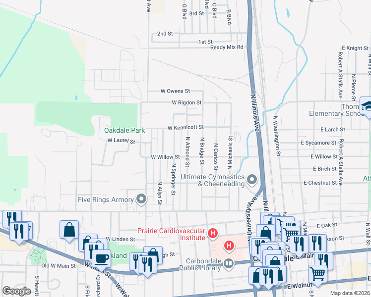 map of restaurants, bars, coffee shops, grocery stores, and more near 930 North Almond Street in Carbondale