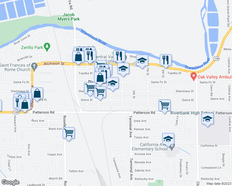 map of restaurants, bars, coffee shops, grocery stores, and more near 3418 Stanislaus Street in Riverbank