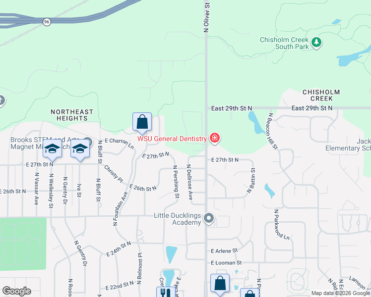 map of restaurants, bars, coffee shops, grocery stores, and more near 2749 Dellrose in Wichita