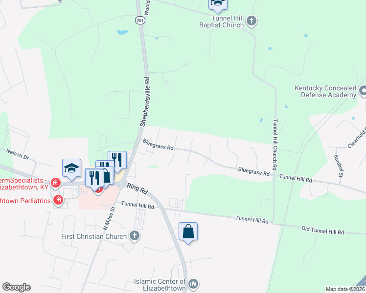 map of restaurants, bars, coffee shops, grocery stores, and more near 98 Omaho Court in Elizabethtown