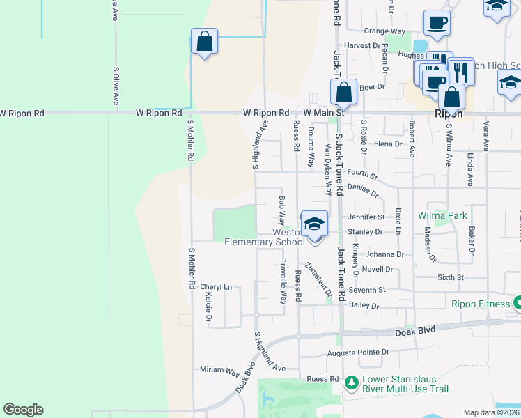 map of restaurants, bars, coffee shops, grocery stores, and more near 1817 Mary Jo Way in Ripon
