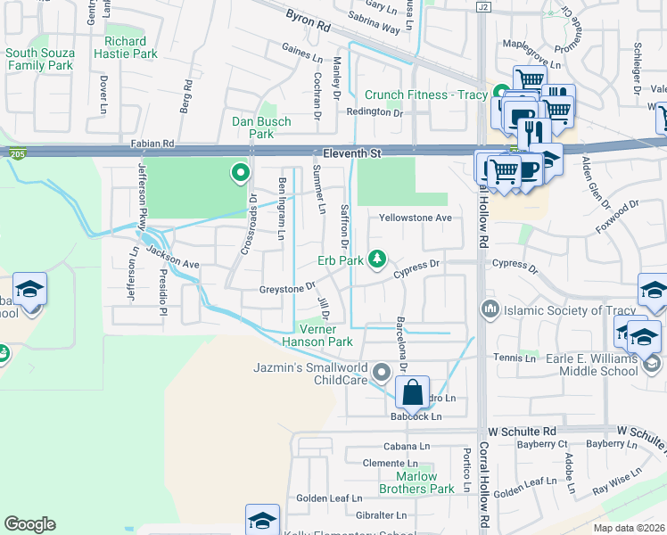 map of restaurants, bars, coffee shops, grocery stores, and more near 2420 Garrett Court in Tracy
