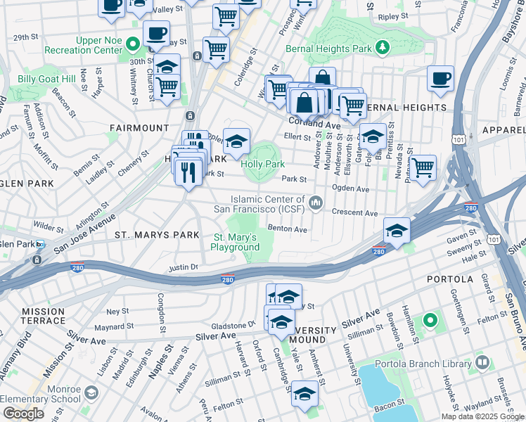 map of restaurants, bars, coffee shops, grocery stores, and more near 210 Crescent Avenue in San Francisco