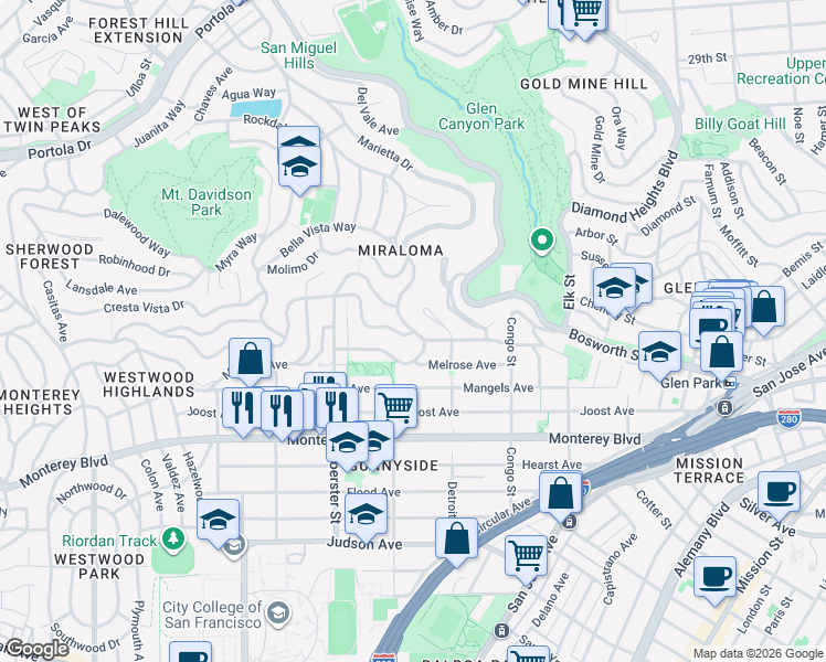 map of restaurants, bars, coffee shops, grocery stores, and more near Teresita Blvd & Los Palmos Dr in San Francisco