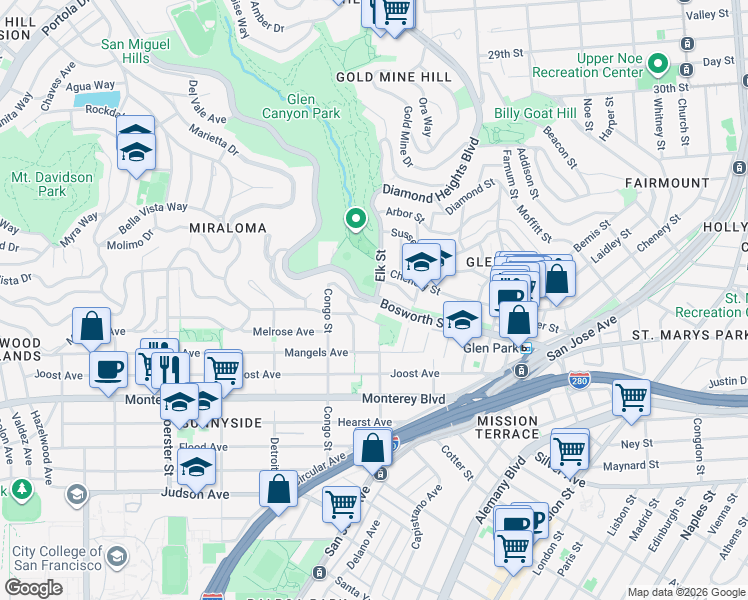 map of restaurants, bars, coffee shops, grocery stores, and more near Congo St & Elk St in San Francisco