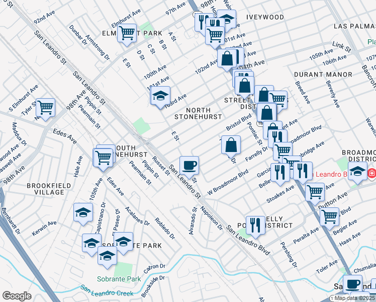 map of restaurants, bars, coffee shops, grocery stores, and more near 408 Bristol Boulevard in San Leandro