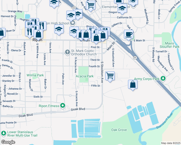 map of restaurants, bars, coffee shops, grocery stores, and more near 238 Fourth Street in Ripon