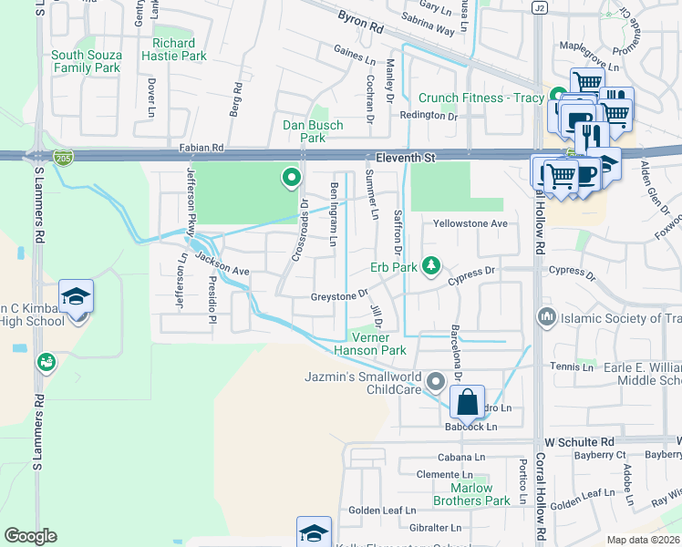 map of restaurants, bars, coffee shops, grocery stores, and more near 710 Ben Ingram Lane in Tracy