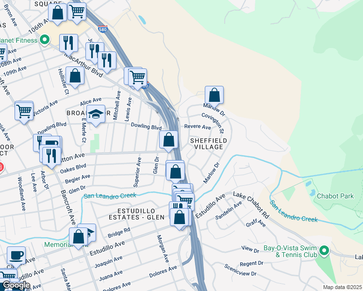 map of restaurants, bars, coffee shops, grocery stores, and more near 45 Marlow Drive in Oakland