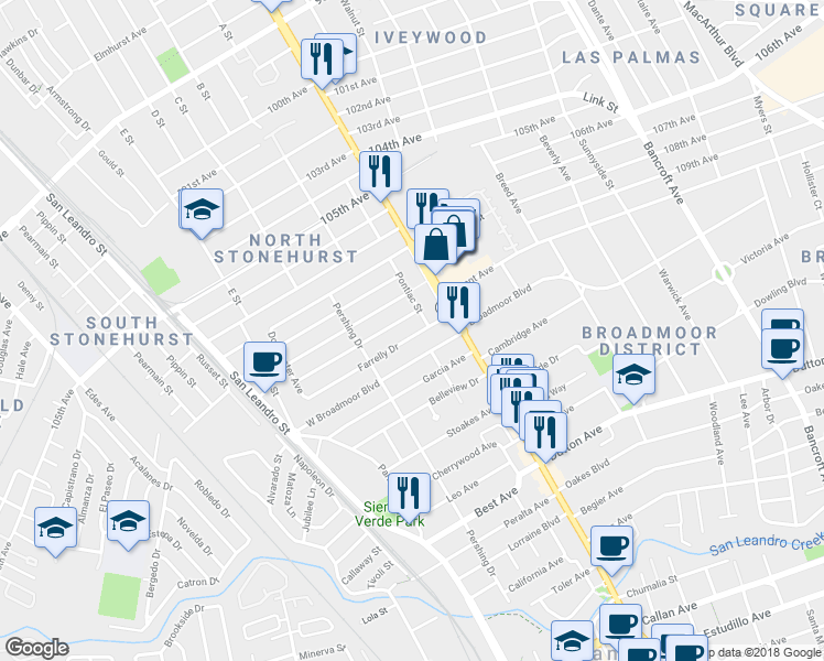 map of restaurants, bars, coffee shops, grocery stores, and more near 195 Bowling Green Street in San Leandro