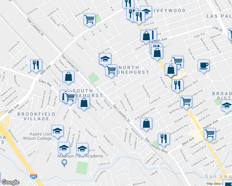 map of restaurants, bars, coffee shops, grocery stores, and more near in Oakland