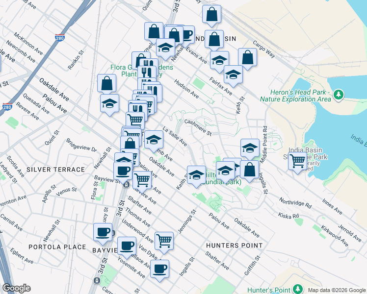 map of restaurants, bars, coffee shops, grocery stores, and more near 4 Richards Circle in San Francisco
