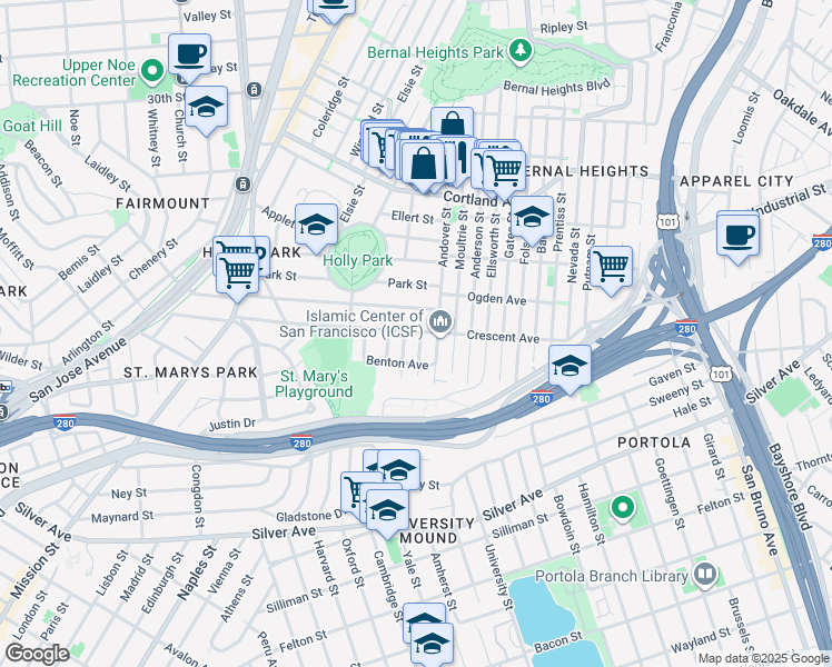 map of restaurants, bars, coffee shops, grocery stores, and more near 362 Richland Avenue in San Francisco
