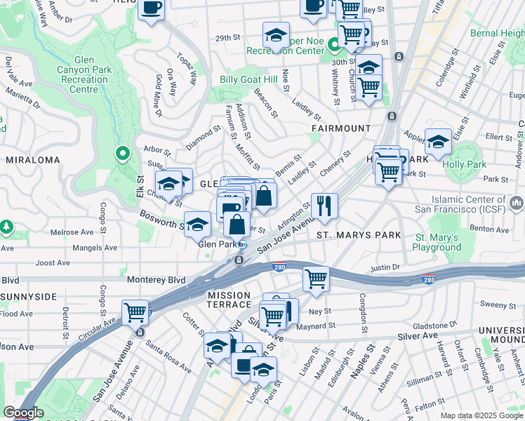 map of restaurants, bars, coffee shops, grocery stores, and more near 30 Surrey Street in San Francisco