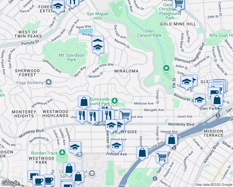 map of restaurants, bars, coffee shops, grocery stores, and more near 117 Los Palmos Drive in San Francisco