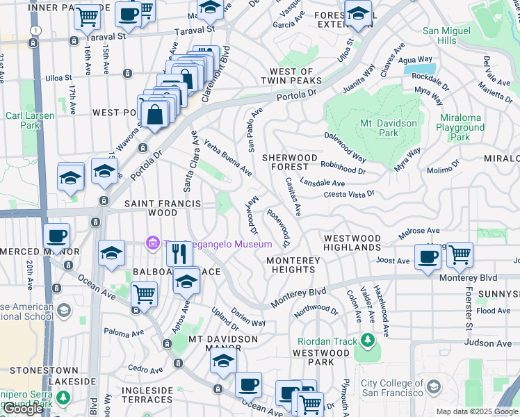 map of restaurants, bars, coffee shops, grocery stores, and more near 19 Maywood Drive in San Francisco