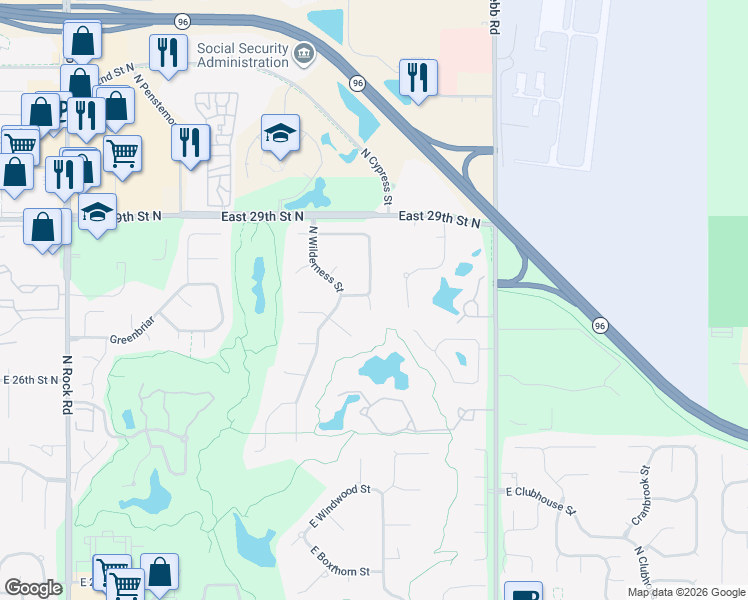 map of restaurants, bars, coffee shops, grocery stores, and more near 2903-2999 North Cypress Drive in Wichita