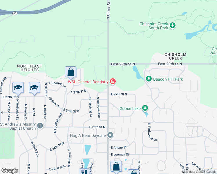 map of restaurants, bars, coffee shops, grocery stores, and more near 2875 North Oliver Street in Wichita