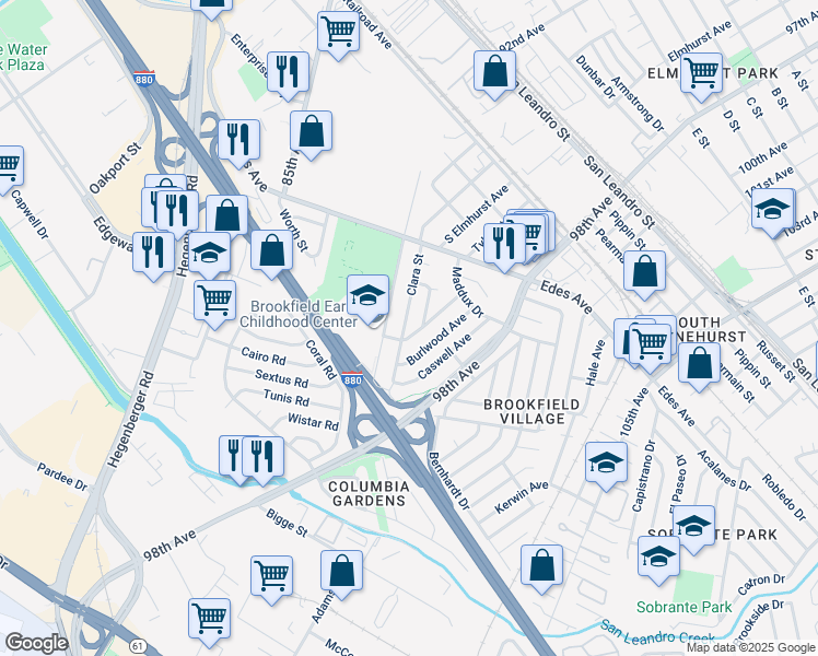 map of restaurants, bars, coffee shops, grocery stores, and more near 416 Clara Street in Oakland