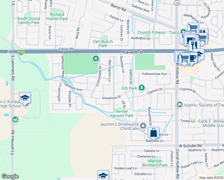 map of restaurants, bars, coffee shops, grocery stores, and more near 710 Ben Ingram Lane in Tracy