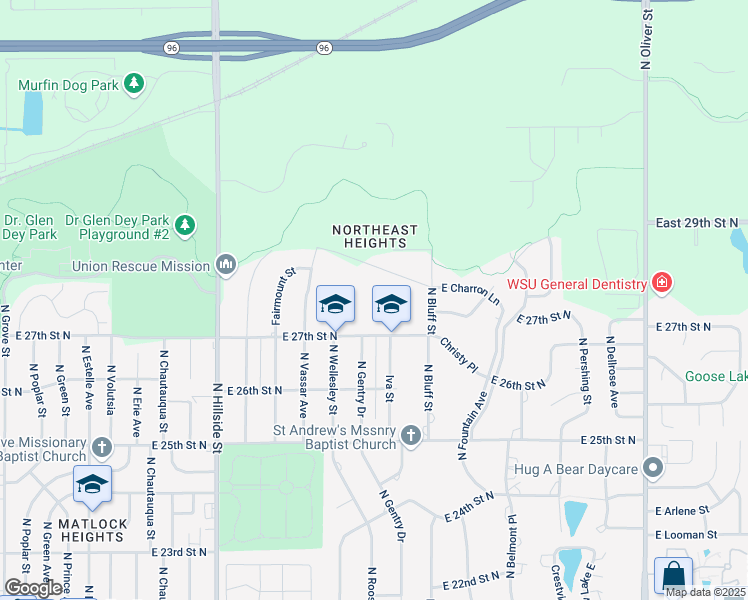 map of restaurants, bars, coffee shops, grocery stores, and more near 3530 East 27th Street North in Wichita
