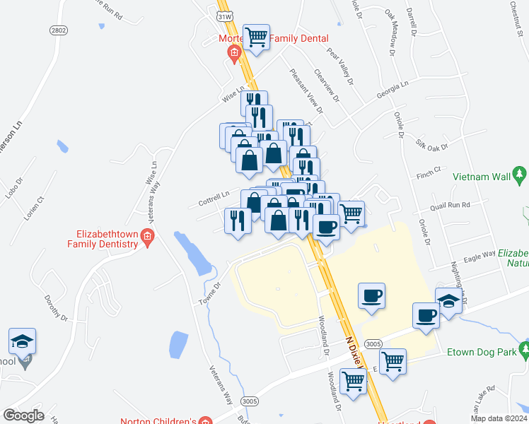 map of restaurants, bars, coffee shops, grocery stores, and more near Cs-1393 in Elizabethtown