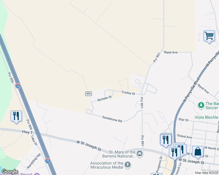 map of restaurants, bars, coffee shops, grocery stores, and more near 2004 Trishia Street in Perryville