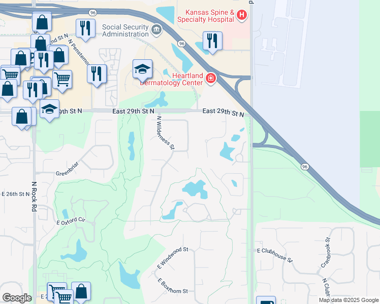 map of restaurants, bars, coffee shops, grocery stores, and more near 2903-2999 North Cypress Drive in Wichita