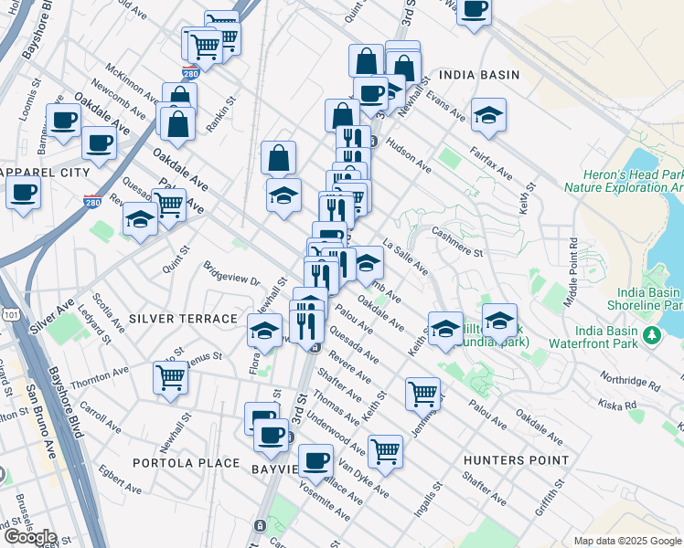 map of restaurants, bars, coffee shops, grocery stores, and more near 4705 3rd Street in San Francisco