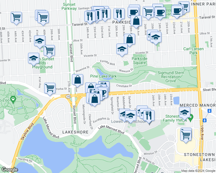 map of restaurants, bars, coffee shops, grocery stores, and more near 1 Constanso Way in San Francisco