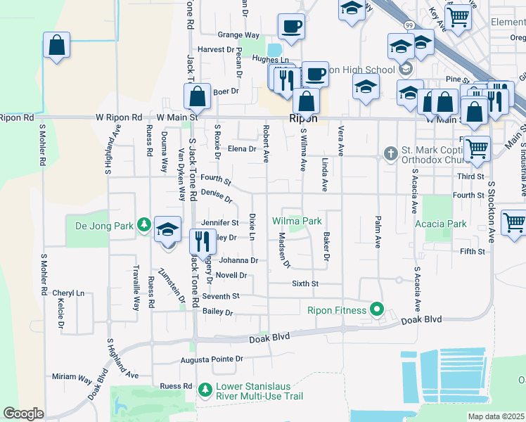 map of restaurants, bars, coffee shops, grocery stores, and more near 523 Robert Avenue in Ripon