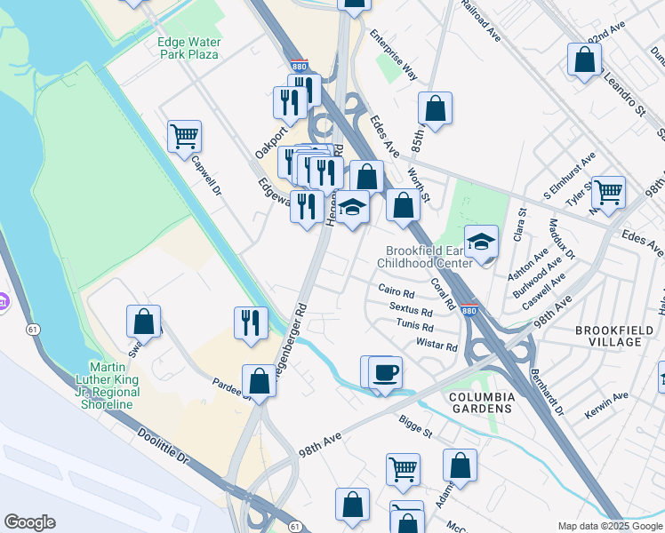 map of restaurants, bars, coffee shops, grocery stores, and more near 350 Hegenberger Road in Oakland