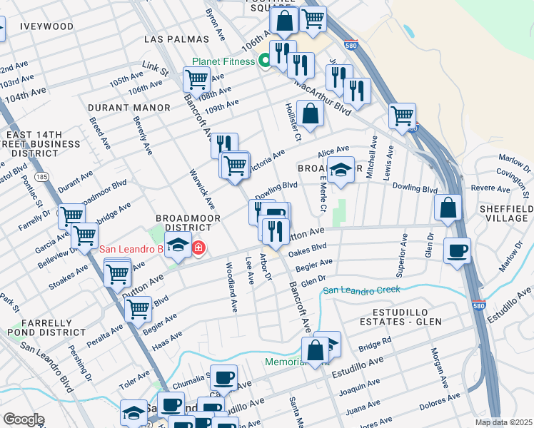 map of restaurants, bars, coffee shops, grocery stores, and more near 525 Kenilworth Avenue in San Leandro