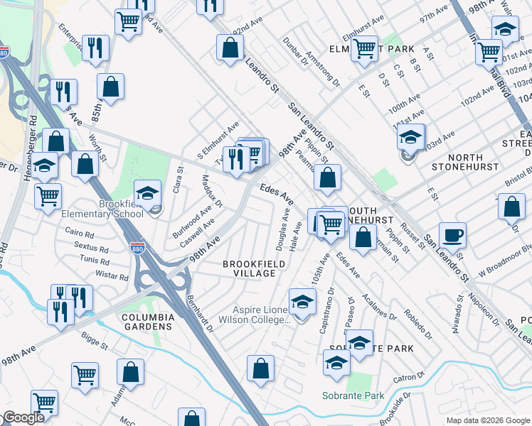 map of restaurants, bars, coffee shops, grocery stores, and more near 9843 Lyndhurst Street in Oakland