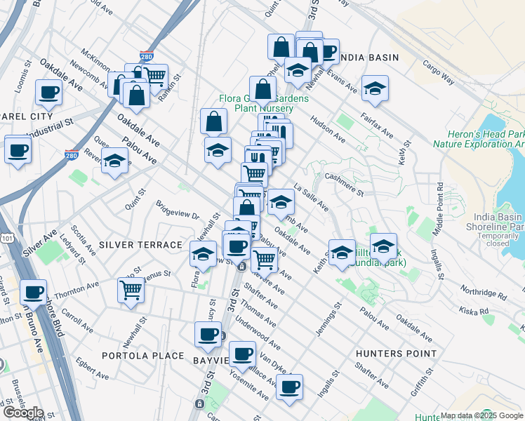 map of restaurants, bars, coffee shops, grocery stores, and more near 1633 Newcomb Avenue in San Francisco