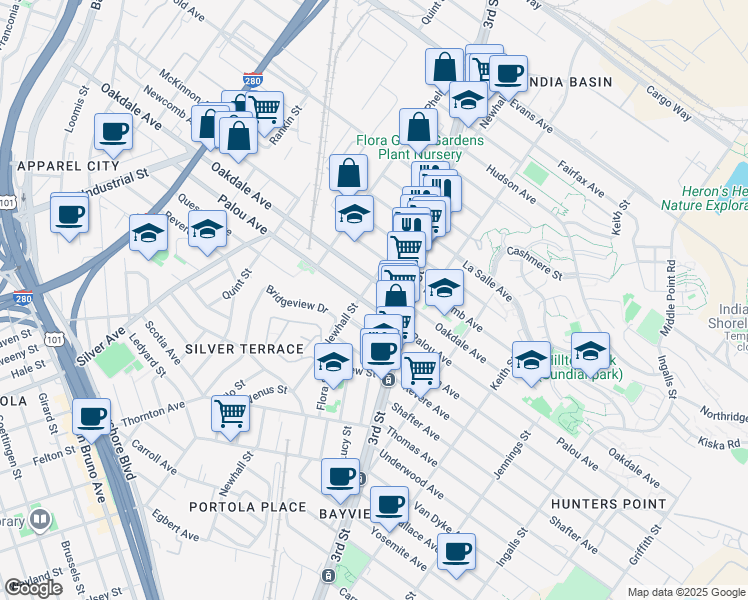 map of restaurants, bars, coffee shops, grocery stores, and more near 1711 Oakdale Avenue in San Francisco