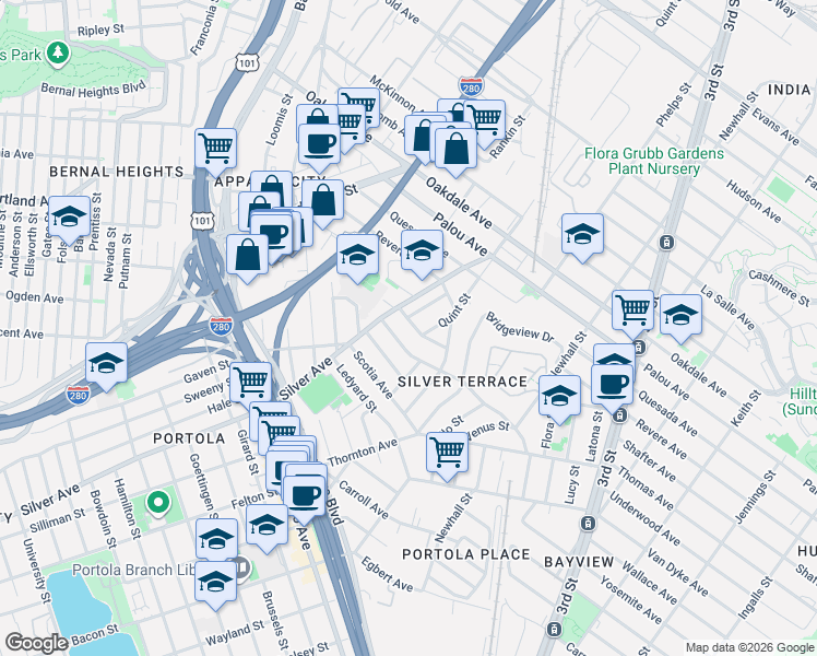 map of restaurants, bars, coffee shops, grocery stores, and more near 2068 Thomas Avenue in San Francisco