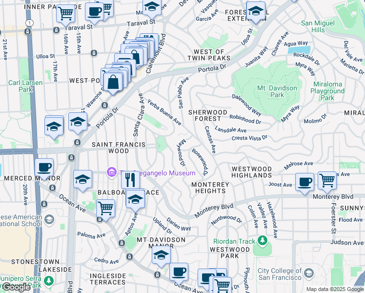 map of restaurants, bars, coffee shops, grocery stores, and more near 19 Maywood Drive in San Francisco
