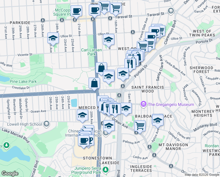 map of restaurants, bars, coffee shops, grocery stores, and more near 200 Sloat Boulevard in San Francisco