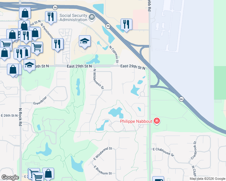 map of restaurants, bars, coffee shops, grocery stores, and more near 2903-2999 North Cypress Drive in Wichita