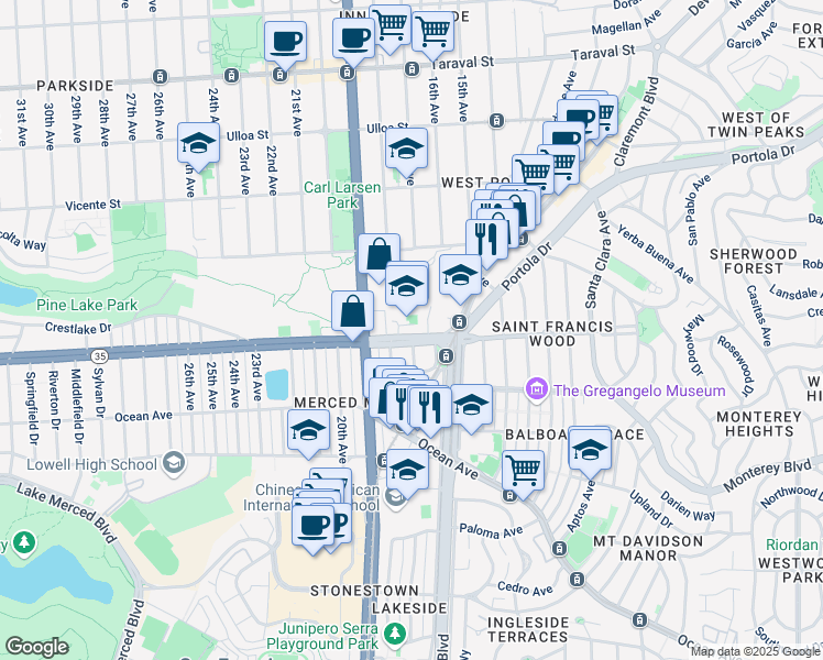 map of restaurants, bars, coffee shops, grocery stores, and more near 200 Sloat Boulevard in San Francisco