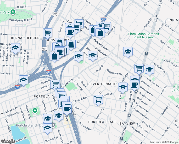 map of restaurants, bars, coffee shops, grocery stores, and more near 2068 Thomas Avenue in San Francisco
